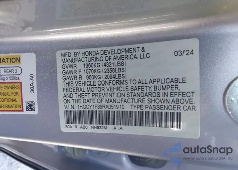 2024 Honda Accord Ex from USA, damaged, VIN 1HGCY1F39RA051910